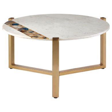 Vizzini Round Marble Coffee Table In White With Brass Metal Frame