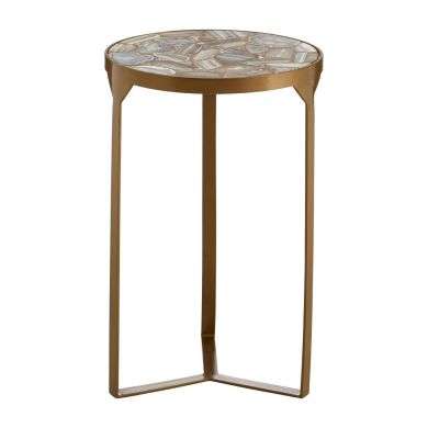Vizzini Round Agate Side Table With Rich Antique Brass Metal Base