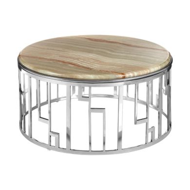 Ripley Round Onyx Stone Coffee Table In Natural With Silver Base
