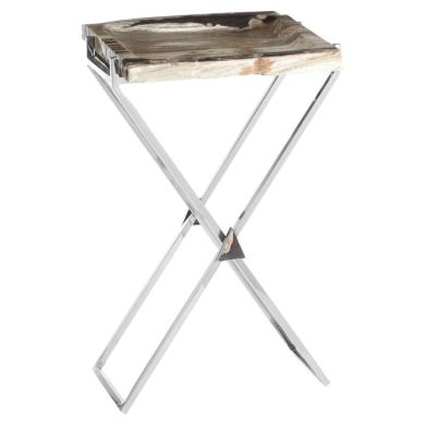 Ripley Petrified Wooden Top Side Table With Silver Metal Legs