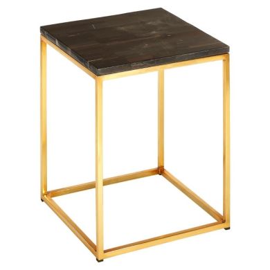 Ripley Square Petrified Wooden Top Side Table With Gold Metal Frame