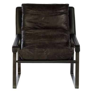 Hoxton Genuine Leather Lounge Chair In Dark Brown With Black Metal Legs