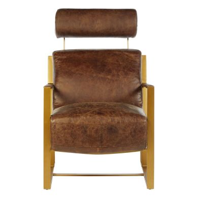 Hoxton Genuine Leather Lounge Chair In Brown With Rich Gold Metal Legs