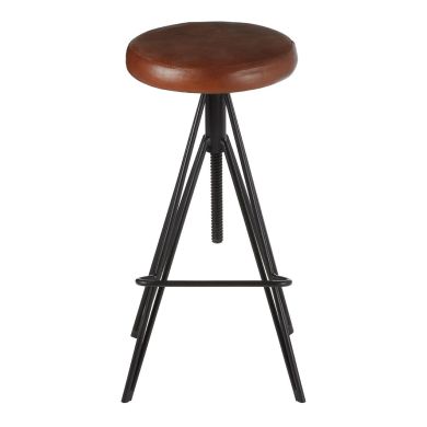 Nandri Round Faux Leather Stool In Brown With Black Metal Legs