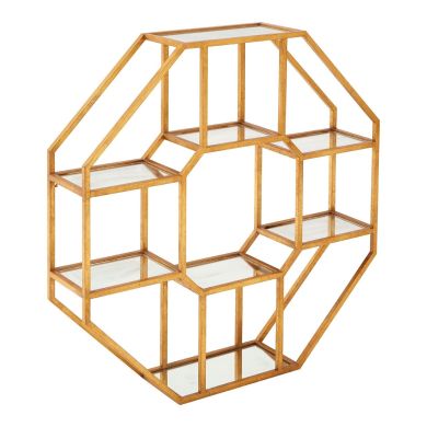 Zariah Mirrored Glass Shelves Wall Shelving Unit In Gold Metal Frame