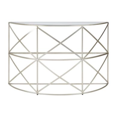 Rubia Glass Leaf Demilune Console Table In Silver