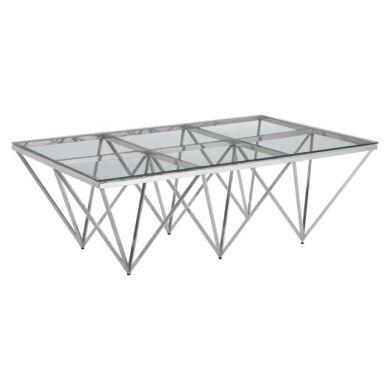 Anaco Clear Glass Coffee Table With Silver Spike Triangles Metal Base