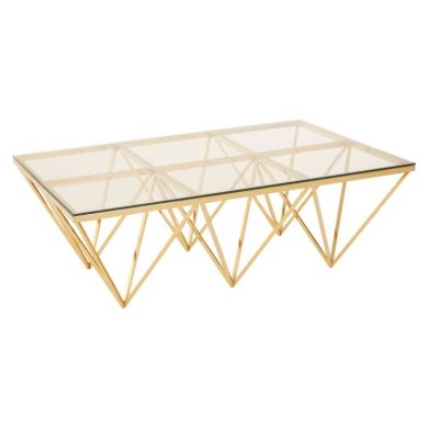 Anaco Clear Glass Coffee Table With Gold Spike Triangles Metal Base