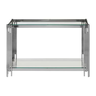 Allure Clear Glass Console Table With Chromed Metal Linear Frame