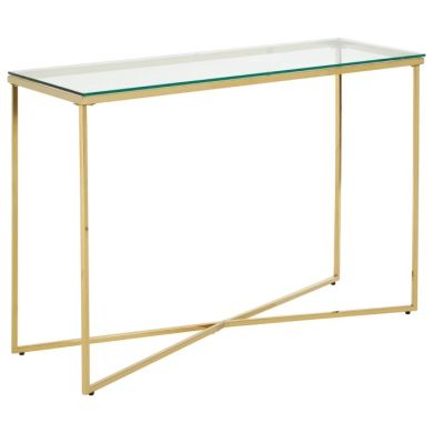 Alton Clear Glass Console Table With Gold Cross Design Metal Base