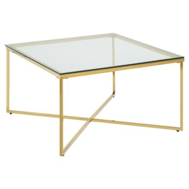 Alton Clear Glass End Table With Gold Cross Design Metal Base