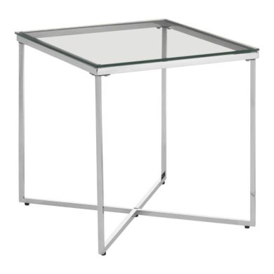 Alton Small Clear Glass End Table With Silver Cross Design Base