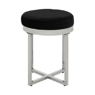 Anaco Round Velvet Upholstered Stool In Black With Silver Metal Frame