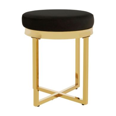 Anaco Round Velvet Upholstered Stool In Black With Gold Metal Frame