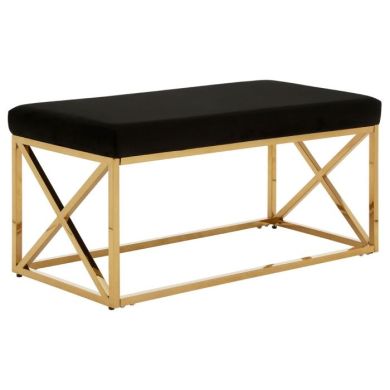 Allure Velvet Upholstered Dining Bench In Black With Gold Cross Frame