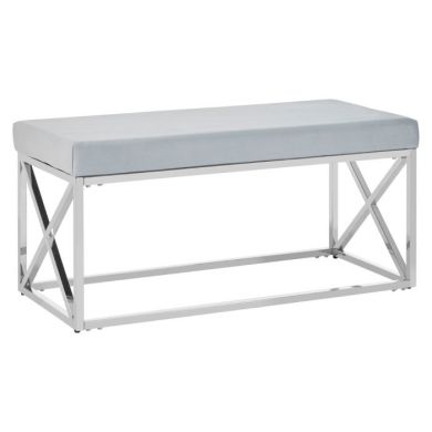 Allure Velvet Upholstered Luxe-Style Dining Bench In Blue With Silver Frame