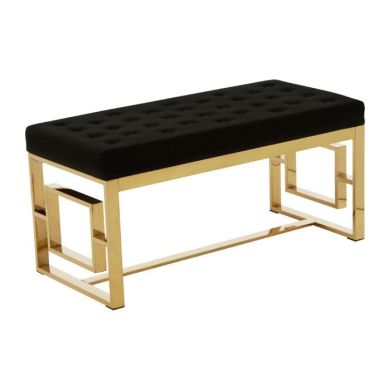 Allure Velvet Upholstered Textured Dining Bench In Black With Gold Frame