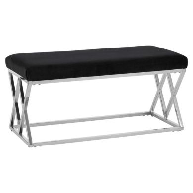 Allure Velvet Upholstered Dining Bench In Black With Silver Metal Frame