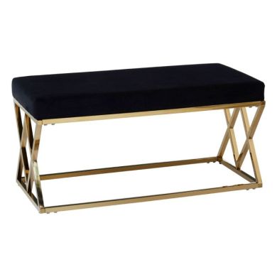 Allure Velvet Upholstered Dining Bench In Black With Gold Metal Frame