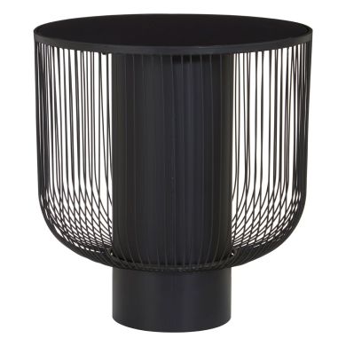 Trento Round Black Glass Top End Table With Black Iron Base