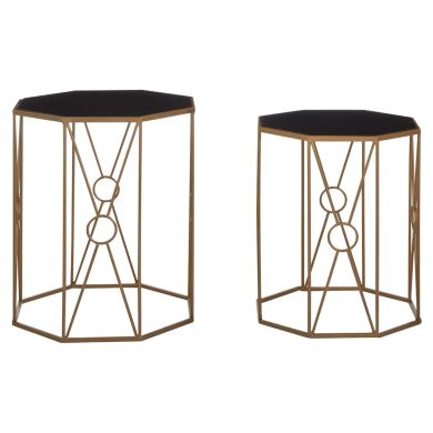 Trento Black Glass Top Set Of 2 End Tables With Slim Rich Copper Frame