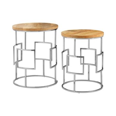 Alloa Round Wooden Set Of 2 Side Tables With Stainless Steel Base