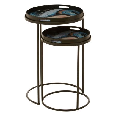Celina Pink Blue Marble Effect Glass Top Nest Of 2 Tables With Black Frame