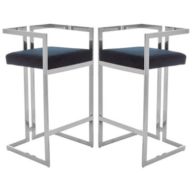 Amberley Black Velvet Bar Stools With Silver Frame In Pair