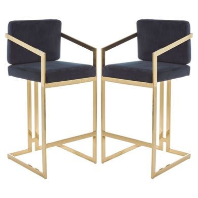 Amberley Black Velvet Bar Stools With Gold Frame In Pair