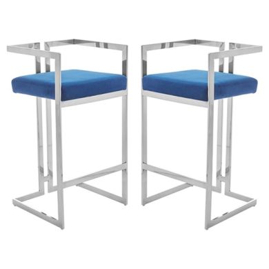 Amberley Blue Velvet Bar Stools With Silver Frame In Pair