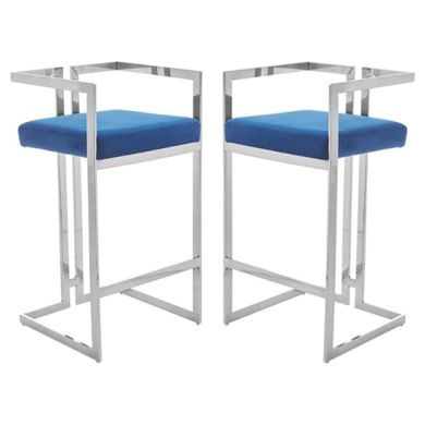 Amberley Blue Velvet Bar Stools With Silver Frame In Pair