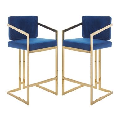 Amberley Blue Velvet Bar Stools With Gold Frame In Pair