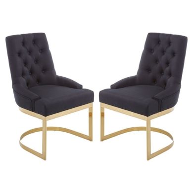 Amberley Black Linen Fabric Dining Chairs With Gold Base In Pair