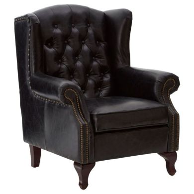 Victor Leather Scroll Armchair In Black With Wooden Legs