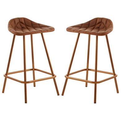 Bodmin Brown Faux Leather Bar Stools With Brass Legs In Pair