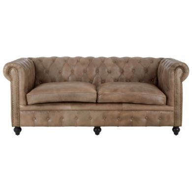 Barker Genuine Leather 3 Seater Sofa In Light Brown With Natural Wooden Legs