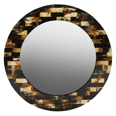 Obra Mother Of Pearl Round Wall Mirror With Brown Wooden Frame
