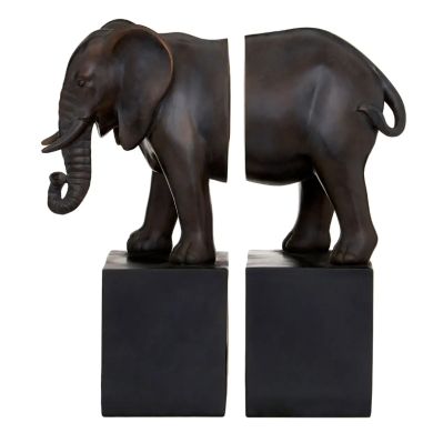Boho Stone Elephant Bookends In Bronze With Black Base