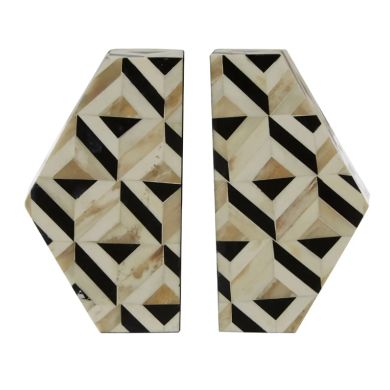 Harlo Resin Set Of 2 Intricate Pattern Bookends In Ivory And Black