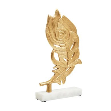 Evra Peacock Feather Sculpture In Gold On White Marble Base