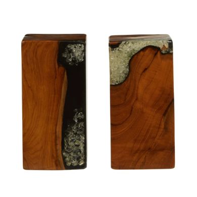 Sakra Teak Wood Set Of 2 Bookends In Burnt Effect