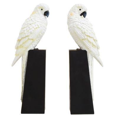 Boho Polyresin Set Of 2 Parrot Bookends In White And Gold