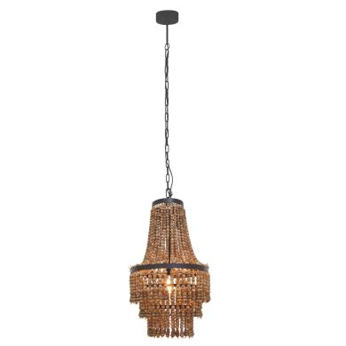 Lapiz Wood Three-Tiered Chandelier With Black Iron Frame