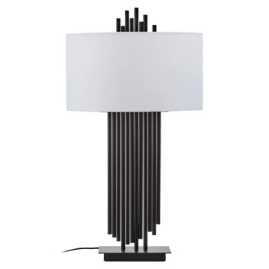 Impero White Linen Shade Table Lamp With Black Iron Metal Base