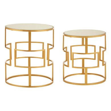 Avantis Round Mirrored Top Set Of 2 Side Tables With Gold Metal Frame