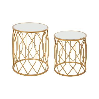 Avantis Round Mirrored Glass Set Of 2 Side Tables With Gold Frame
