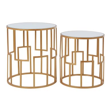 Avantis Round Mirrored Glass Set Of 2 Side Tables With Gold Metal Frame