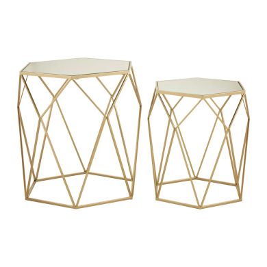 Avantis Mirrored Glass Set Of 2 Side Tables With Hexagonal Frame