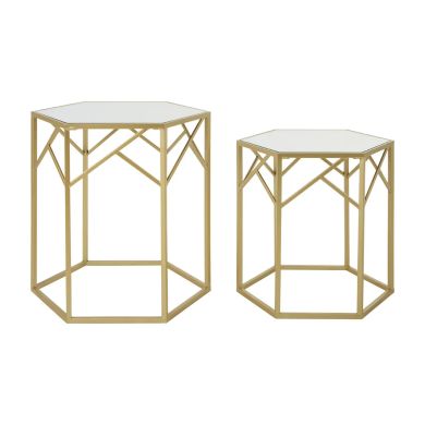 Avantis Hexagonal Mirrored Set Of 2 Side Tables With Gold Frame