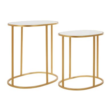 Avantis Oval Mirrored Top Set Of 2 Side Tables With Gold Metal Frame